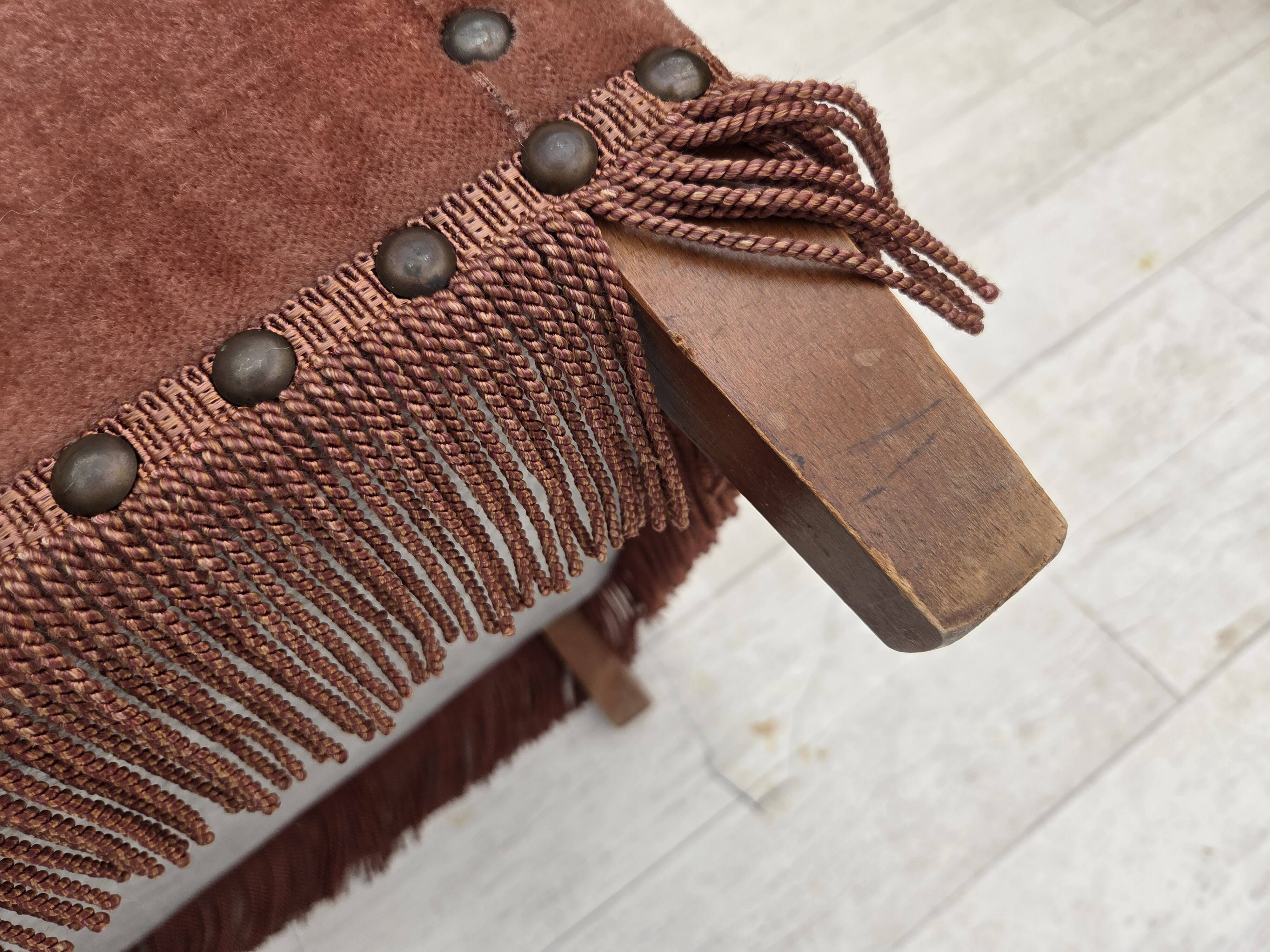 1970s, Danish armchair, salmon pink furniture velour, beech wood.