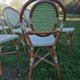 Set of 8 Parisian rattan bistro chairs braiding green and ecru