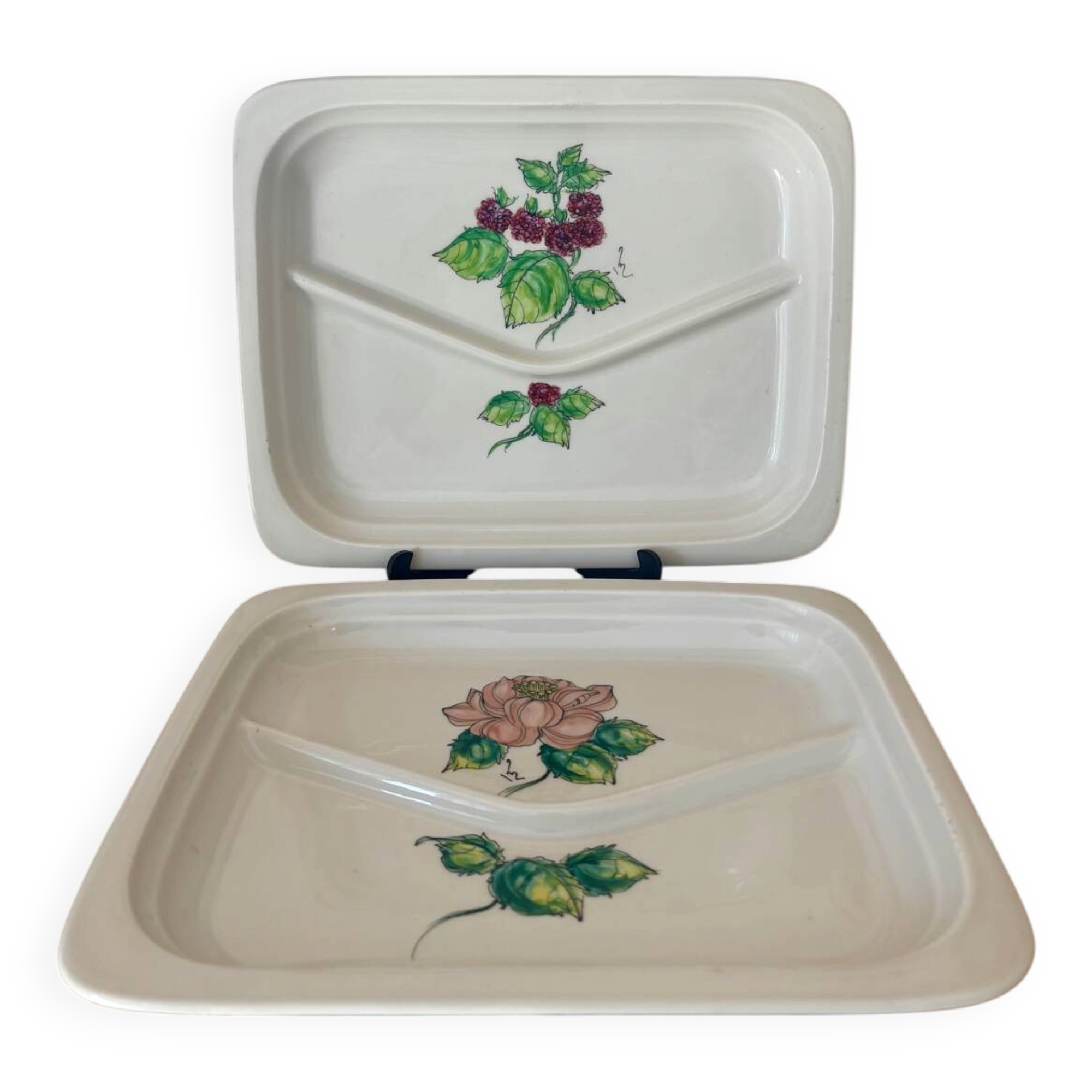Vintage lot of two compartmentalised plates, decor Monique St Marc.