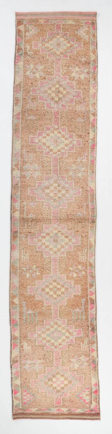 Turkish Pink & Brown Vintage Runner Rug, 78x371Cm