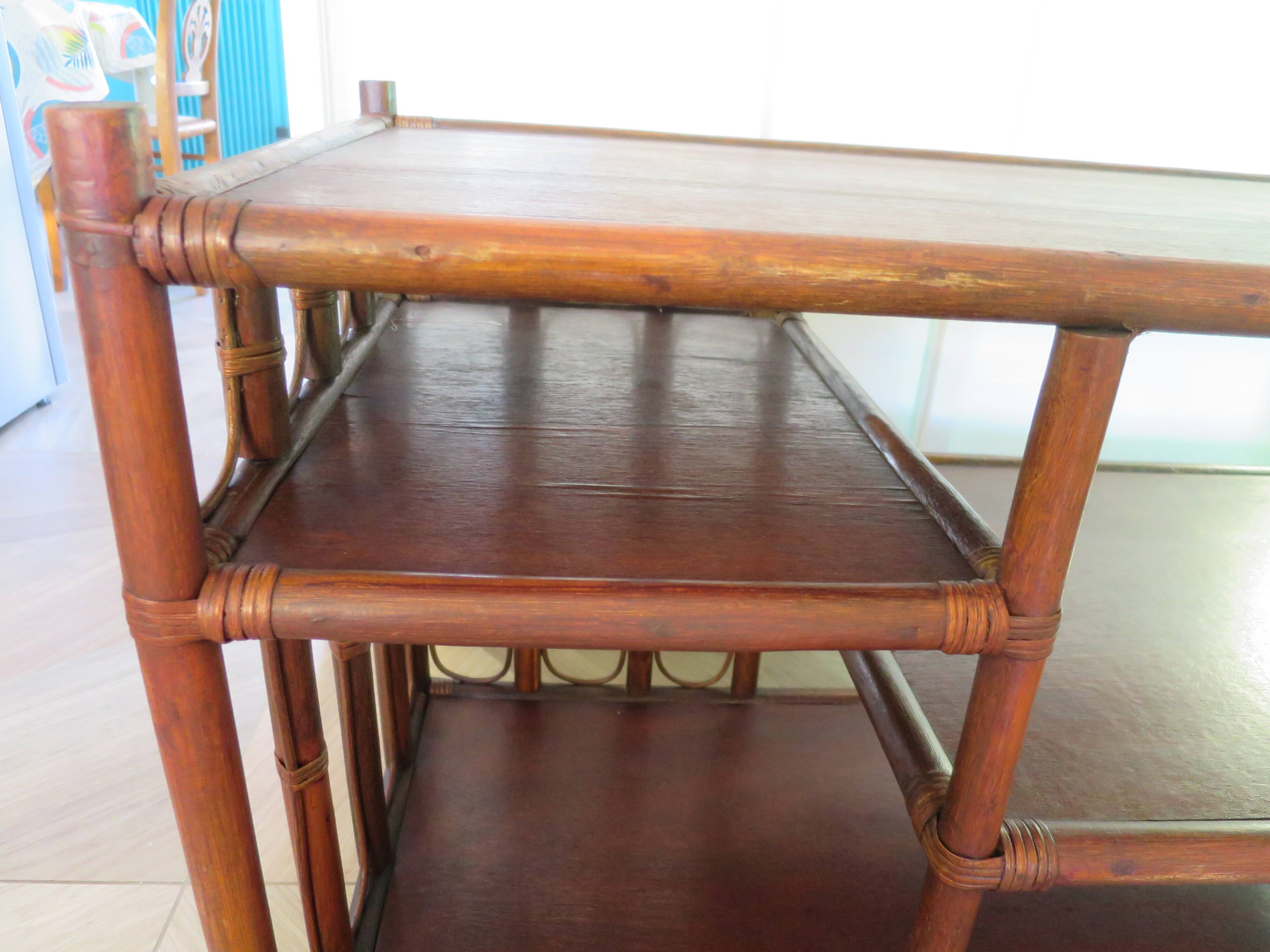 Retro side table - vinyl furniture - rattan and bamboo - 1980s