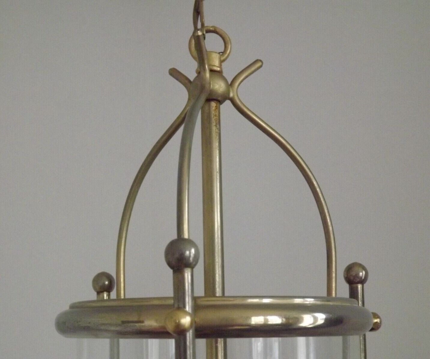 French vintage silver finished brass cylindrical glass 2 light hall lantern 3929