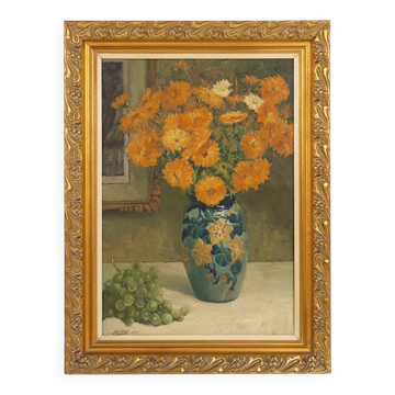 Belgian Still Life Painting by Jos Pas, 1944 — Flowers and Grapes in a Vase