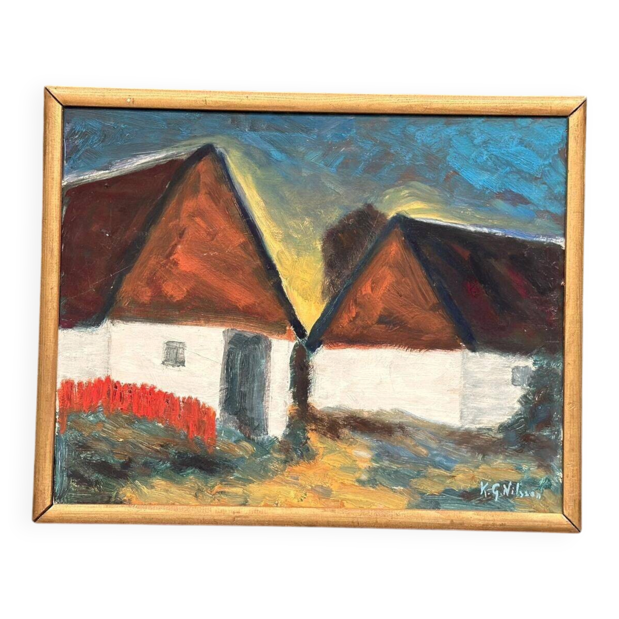Original Mid Century Swedish Oil On Panel – “Houses” By K. G. Nilsson – Vintage & Framed