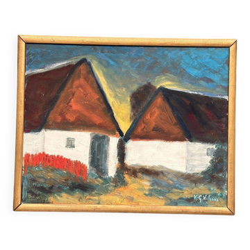 Huile sur panneau suédoise d'époque mi-siècle – « Maisons » par K. G. Nilsson – Vintage et encadrée