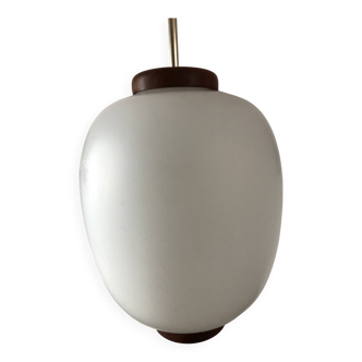 Vintage Scandinavian style opaline and teak pendant light