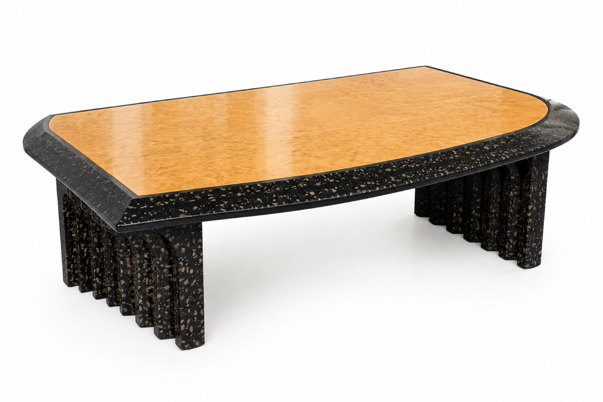Vintage coffee table in elm burl and black lacquer, 1980s.