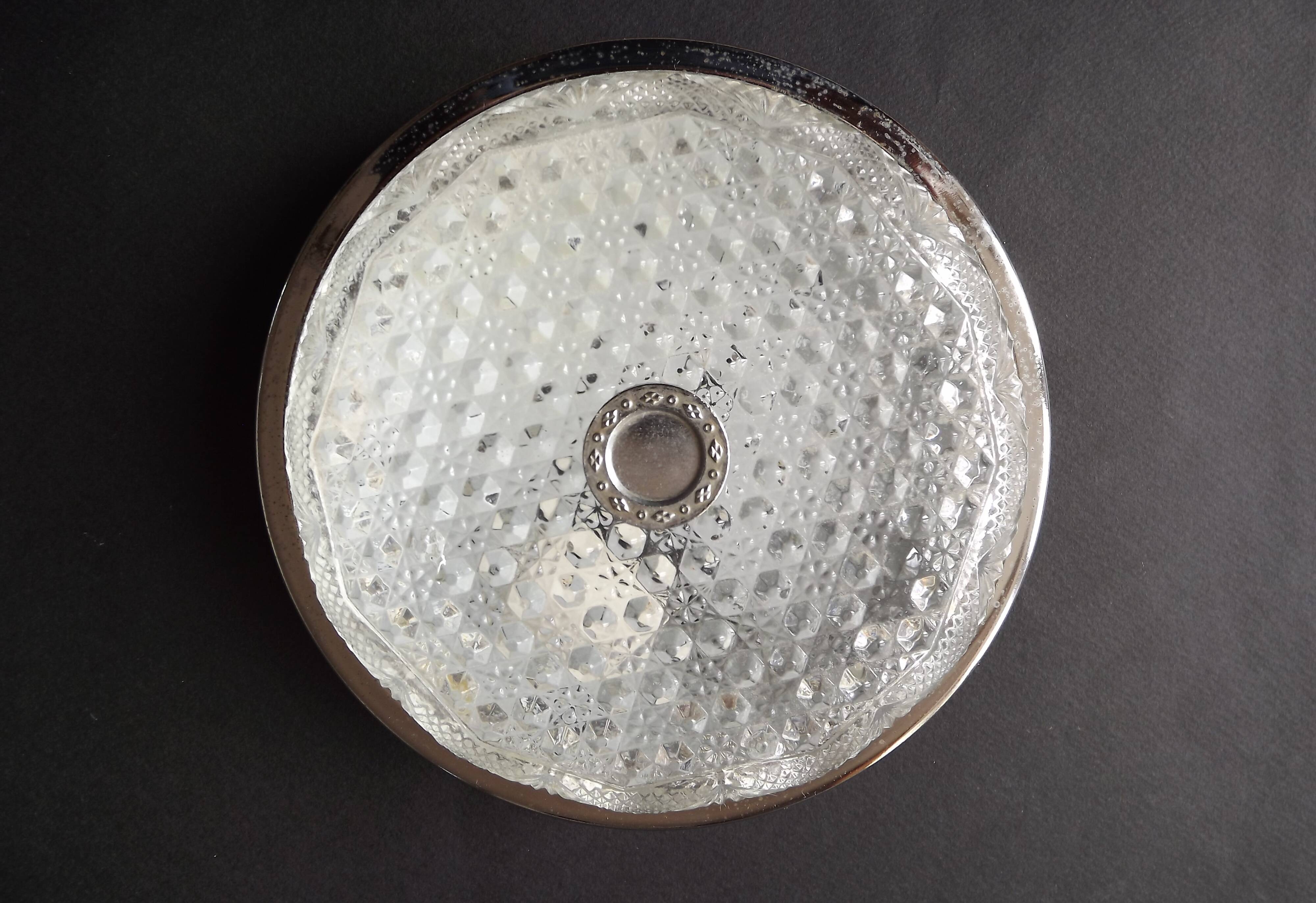 Pair of French Vintage Semi-Flush Cut Glass and Silver Metal Wall Lights