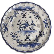 Moustiers, pairs of plates with wading bird design, scalloped edge, early 20th century.