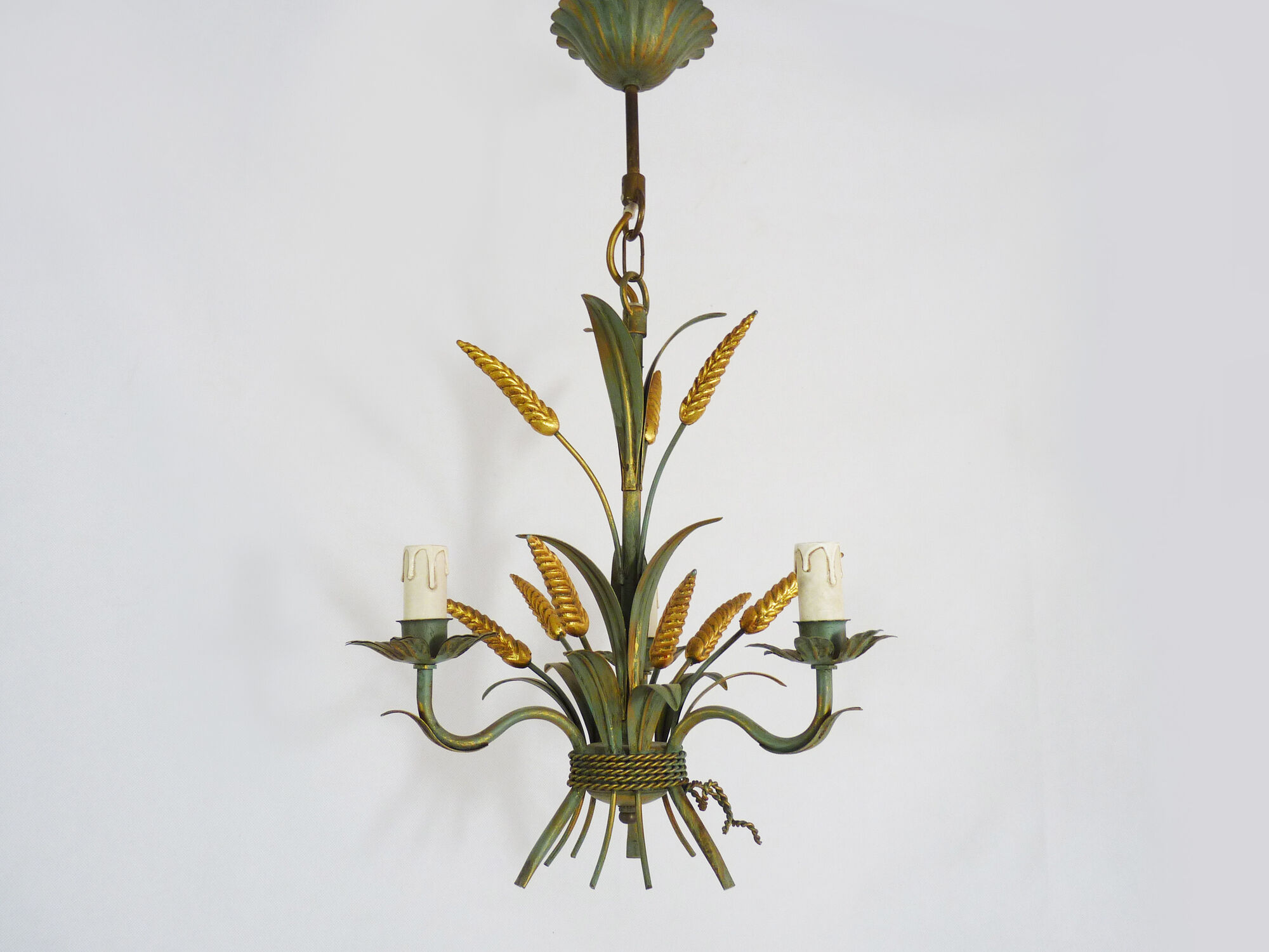 Masca's wheat ear chandelier in aged green and gold metal, 3 fires, year 70/80