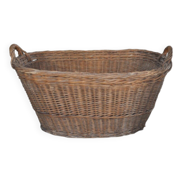 Panier rustique en osier marron - panier à linge vintage années 1940, large et ovale