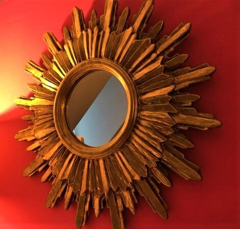 Mirror sun gilded wood leaf, 52 cm double shelving