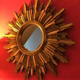 Mirror sun gilded wood leaf, 52 cm double shelving