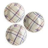 3 assiettes creuses anciennes Badonvillier, traits entrecroisés rouges et bleus