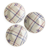 3 assiettes creuses anciennes Badonvillier, traits entrecroisés rouges et bleus