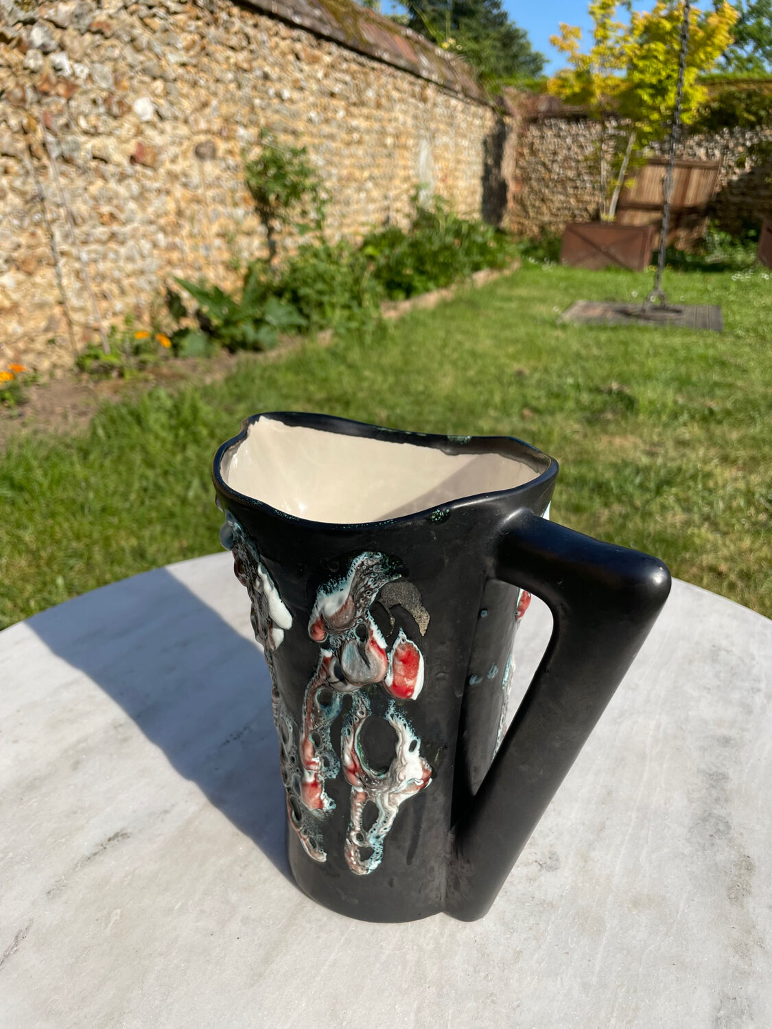 Vintage black Vallauris pitcher Sea foam