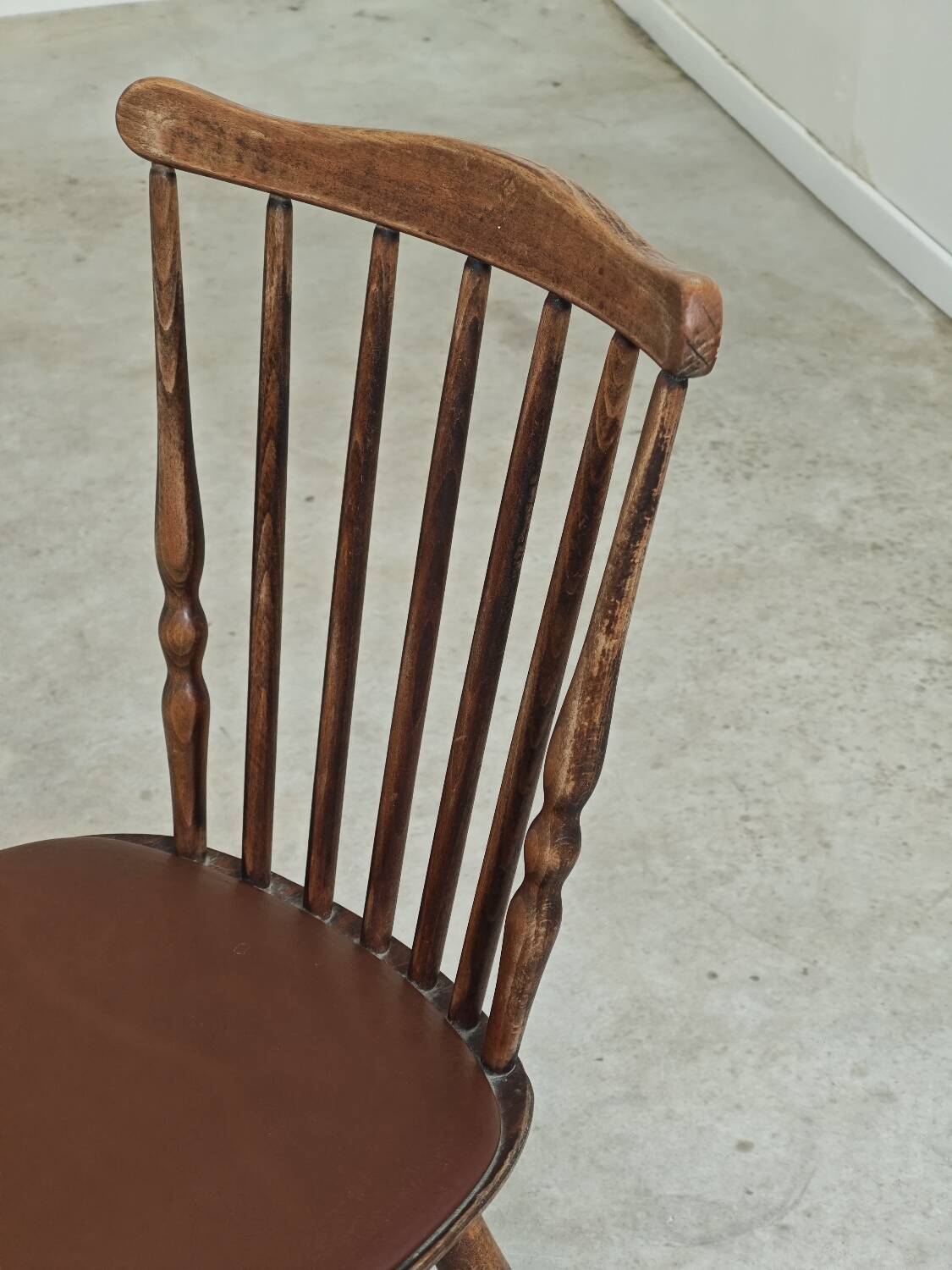 Baumann Tacoma bistro chair, wood and brown faux leather, 1960.