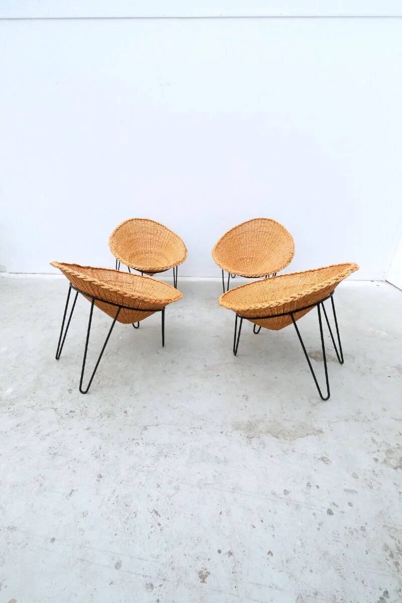 Set of 4 rattan and metal armchairs, France 1950