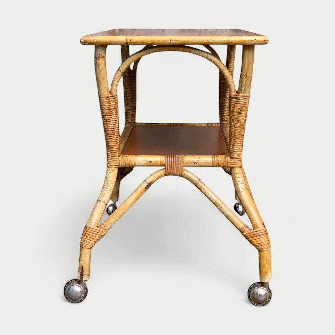 Vintage rattan and oak serving trolley 1960