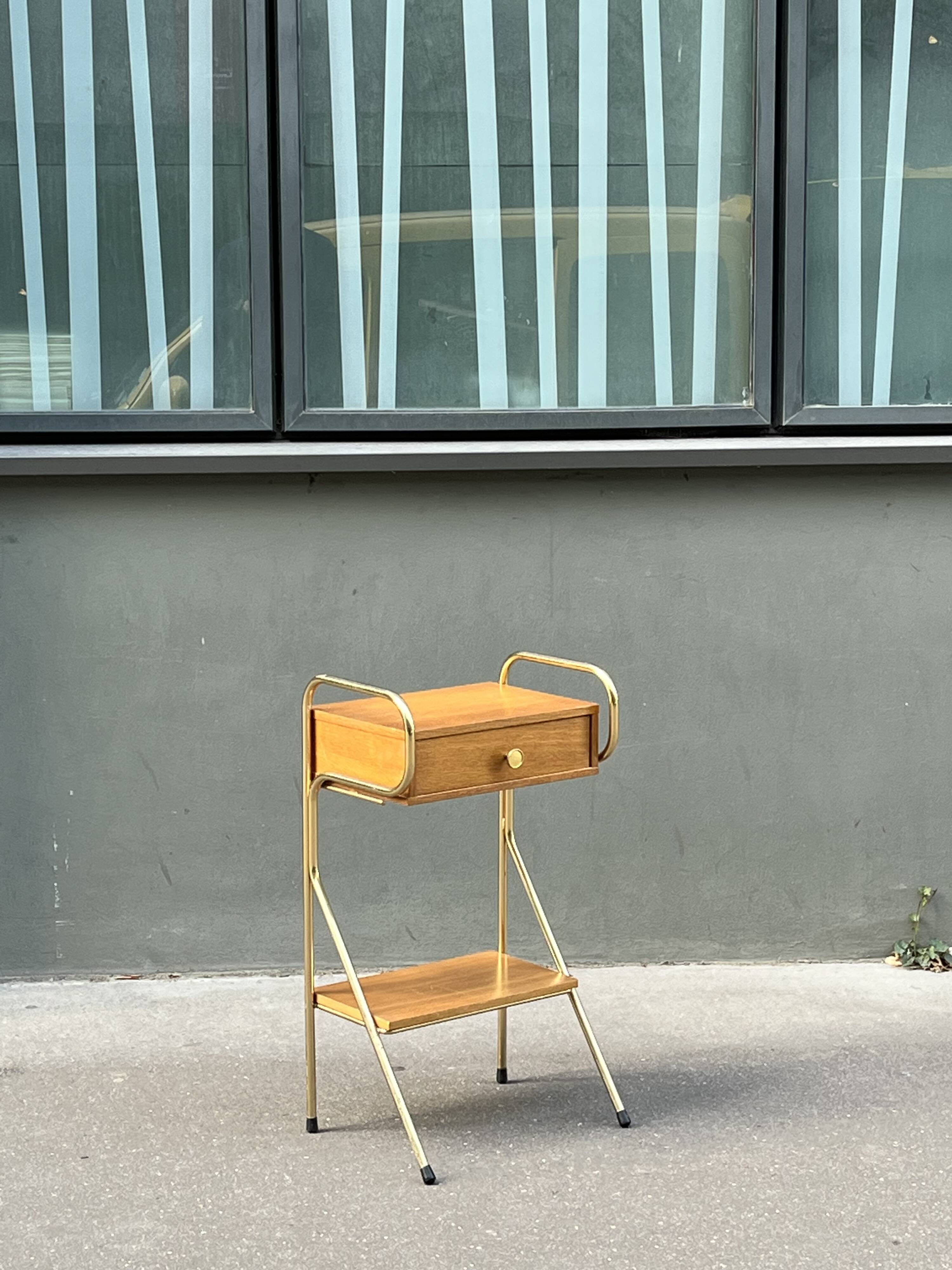 60s wooden and gold metal bedside table