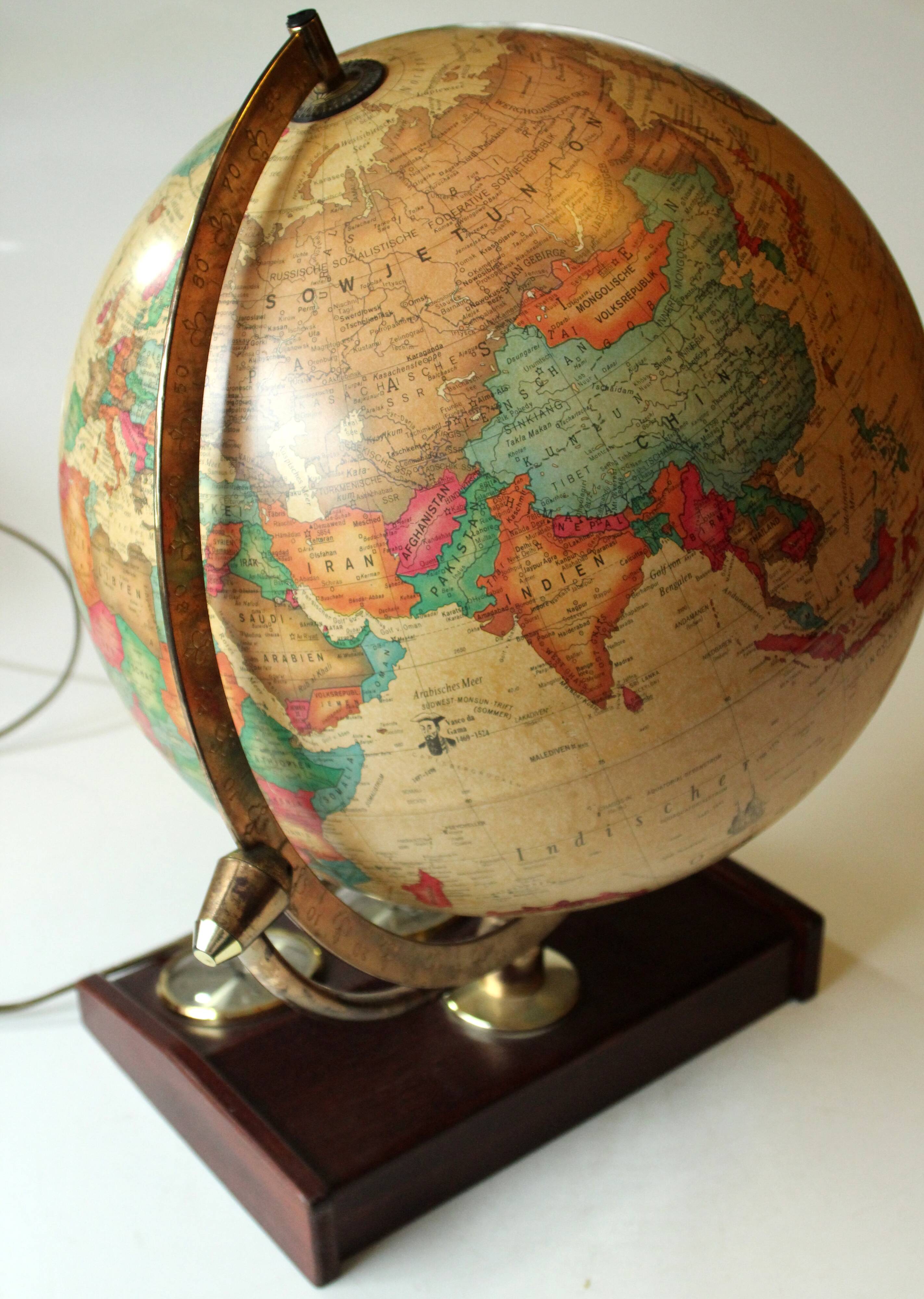 1980s danish illuminated globe (Scan-Globe) on a wooden foot with weather station
