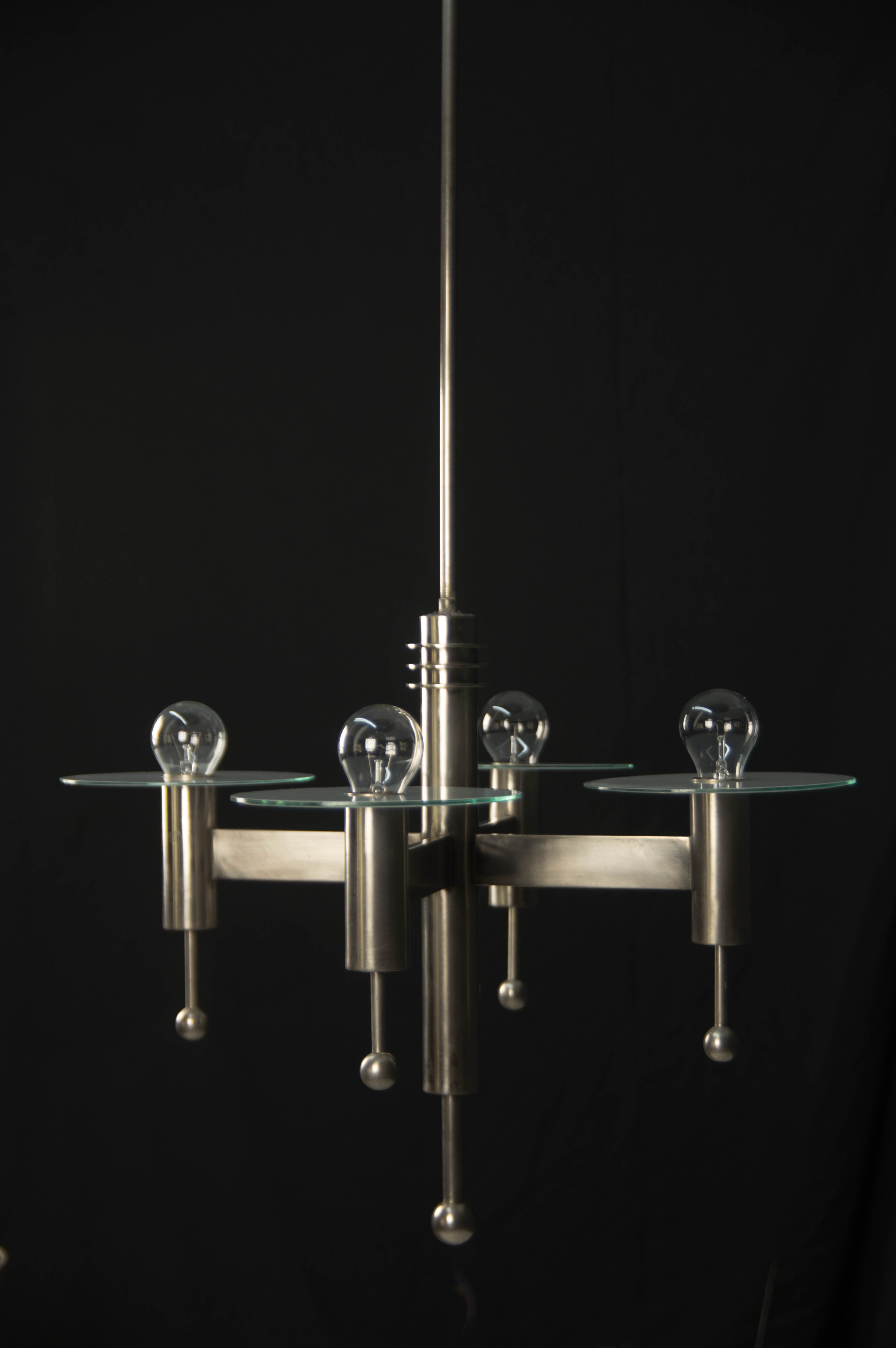 Art Deco or Bauhaus Nickel-plated 4-flamming chandelier, 1920s