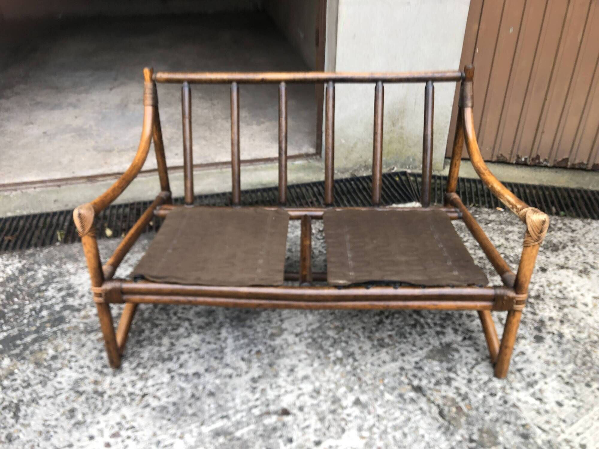 2-seater rattan sofa with vintage velvet cushions from the 70s