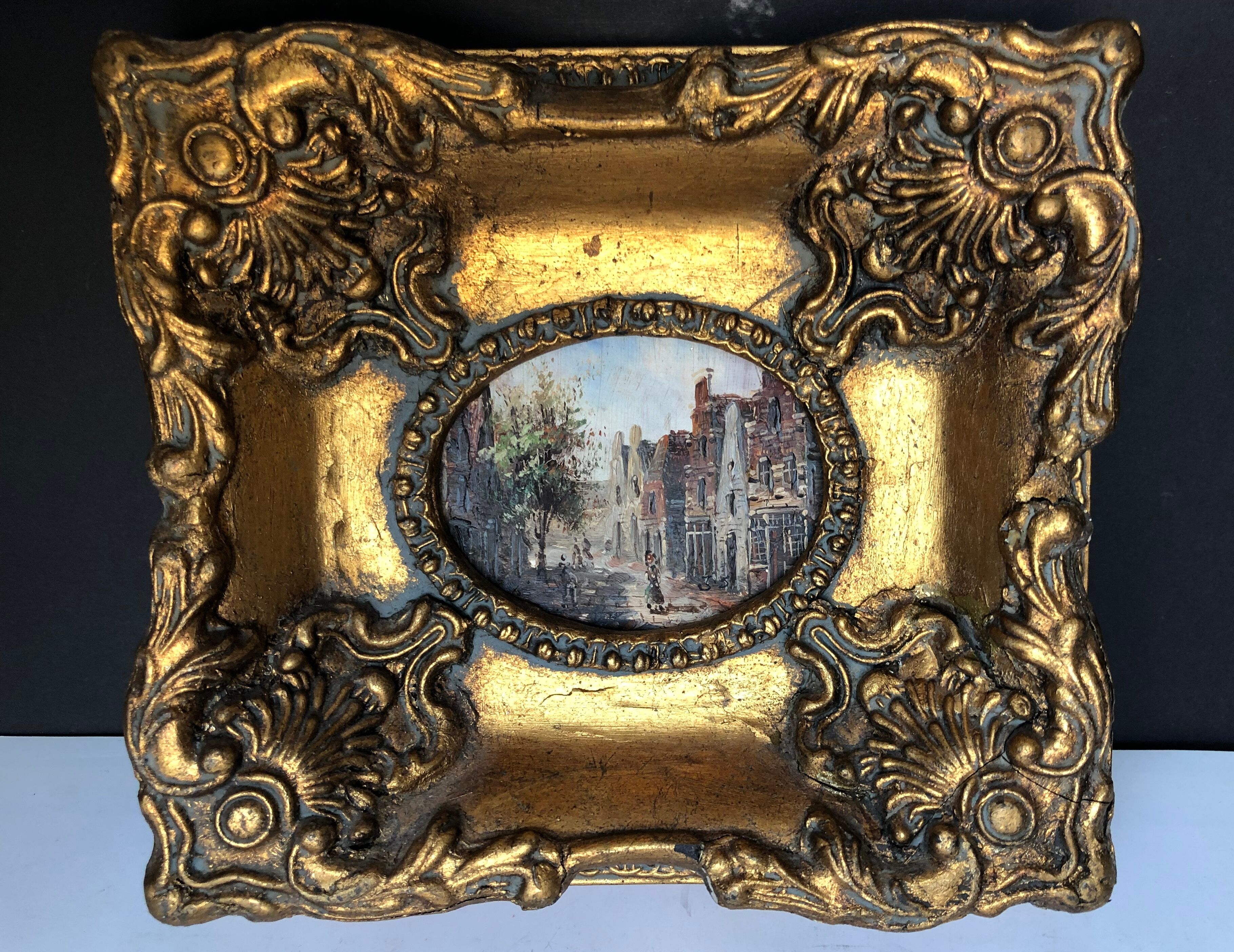 Oil on panel, busy street