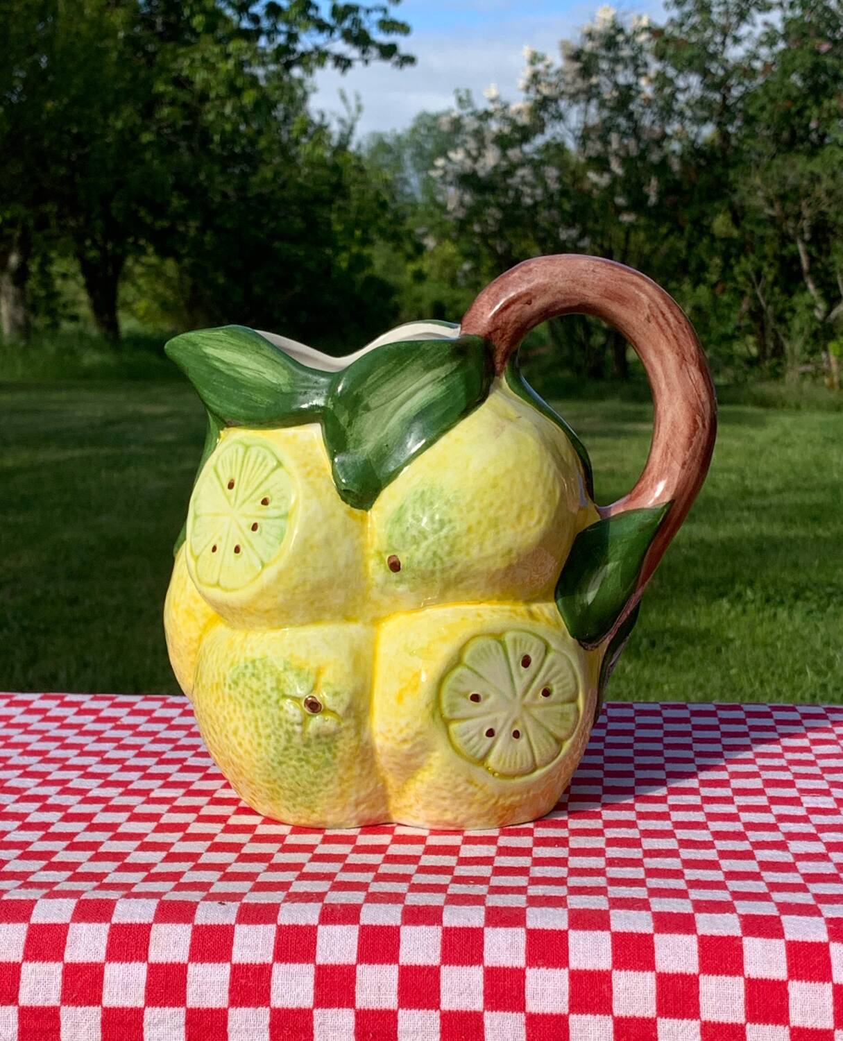 Hand-painted lemon barbotine pitcher vintage Italy