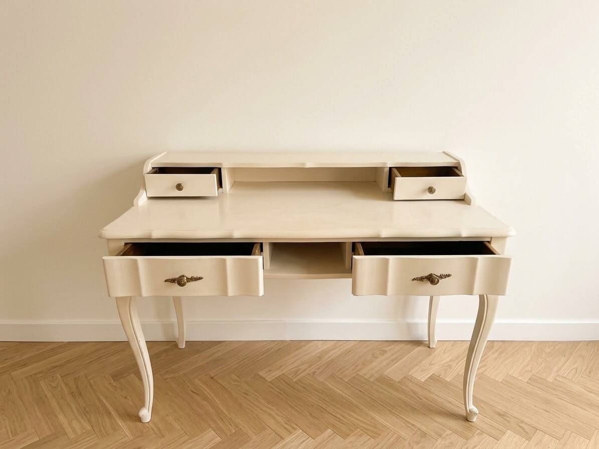 Ensemble bureau secrétaire rétro et sa chaise en bois beige