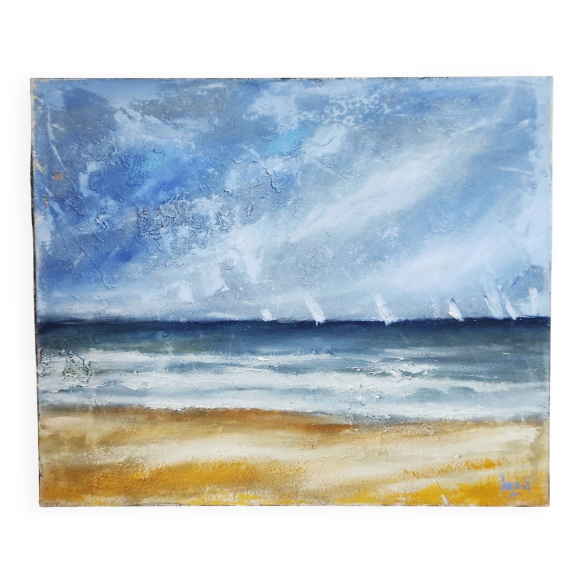 Vintage painting "Stormy Sky & Sailboats" – Signed canvas painting