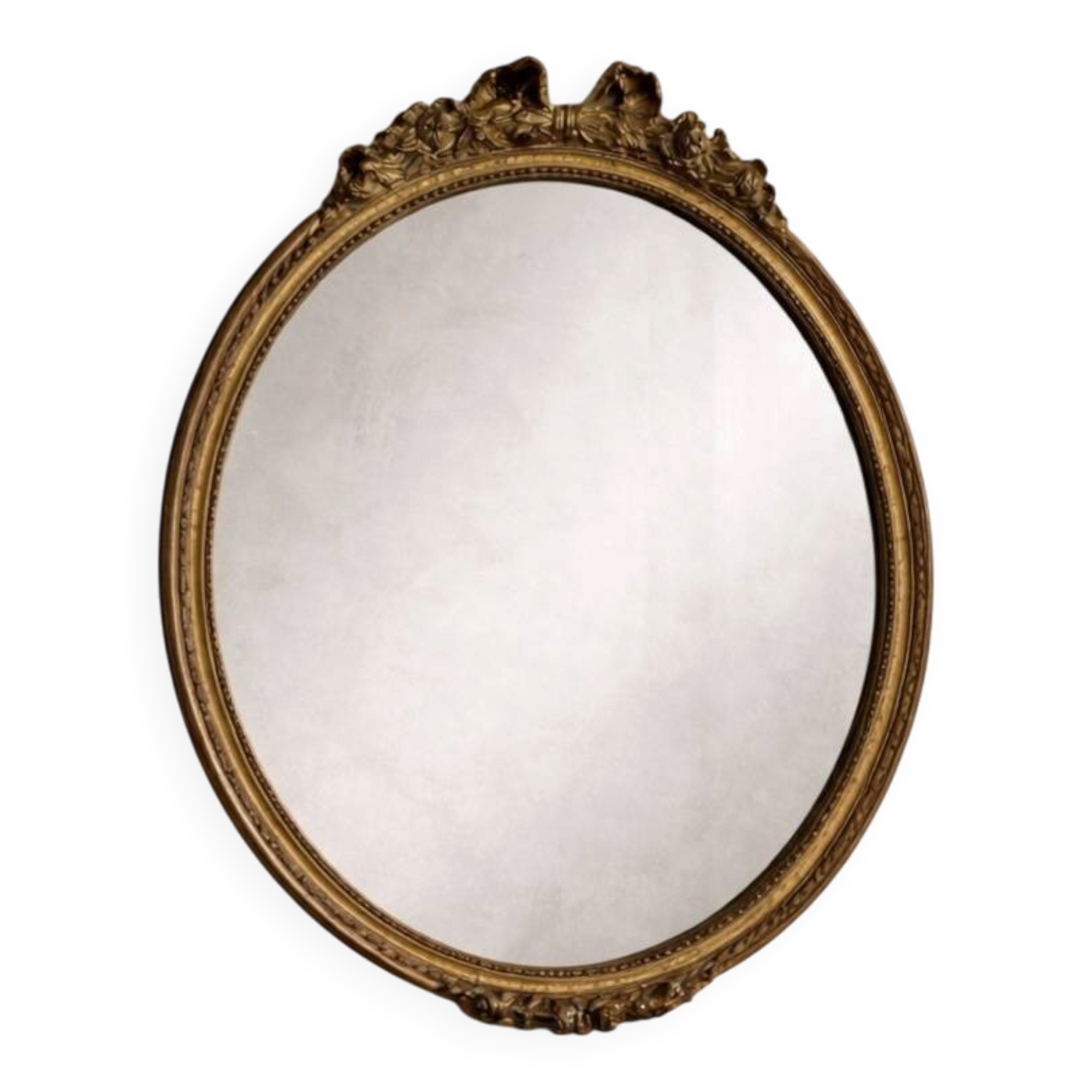 Antique oval mirror in Louis XVI style, gilded, with a bow pediment, 55cm.