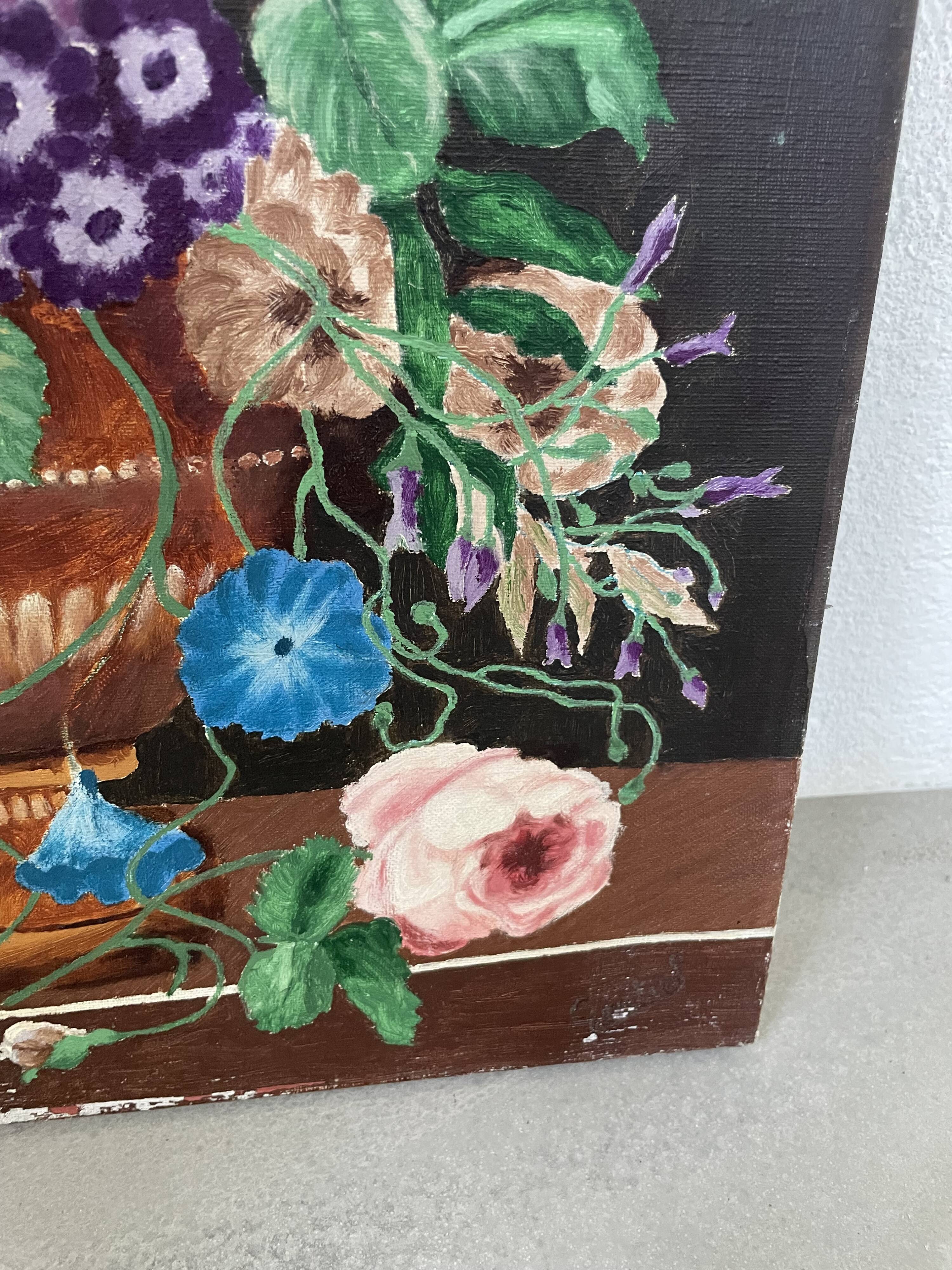 Oil painting on wood flowers signed Grumet