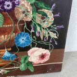 Peinture à l’huile sur bois fleurs signée Grumet
