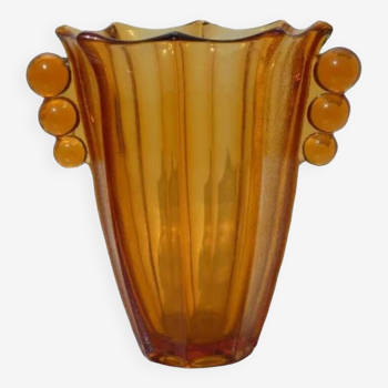 Corolla vase amber glass Czechoslovakia 1925 ART DECO handles formed into 3 spheres