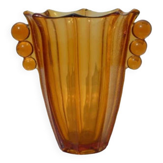 Vase corolle verre ambré tchécoslovaquie 1925 art deco anses formées à 3 sphères