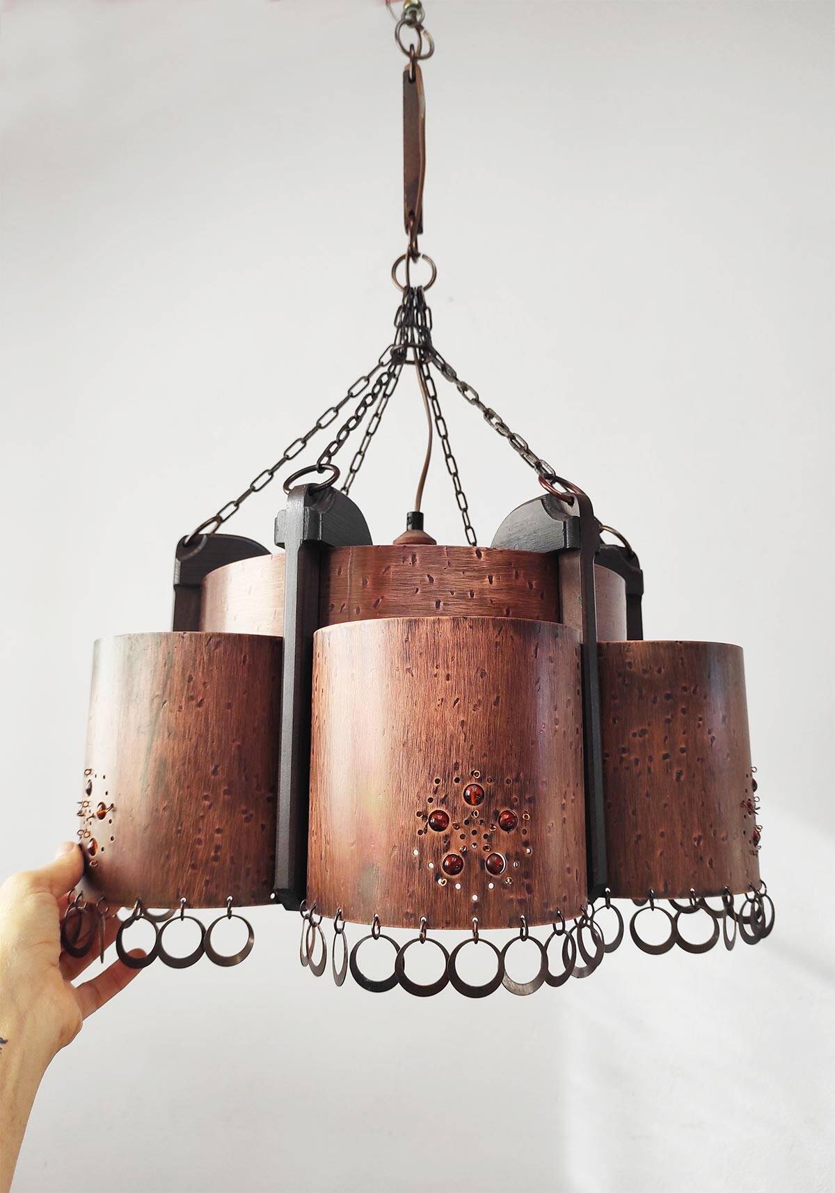 Large Scandinavian copper and wood pendant lamp circa 1970