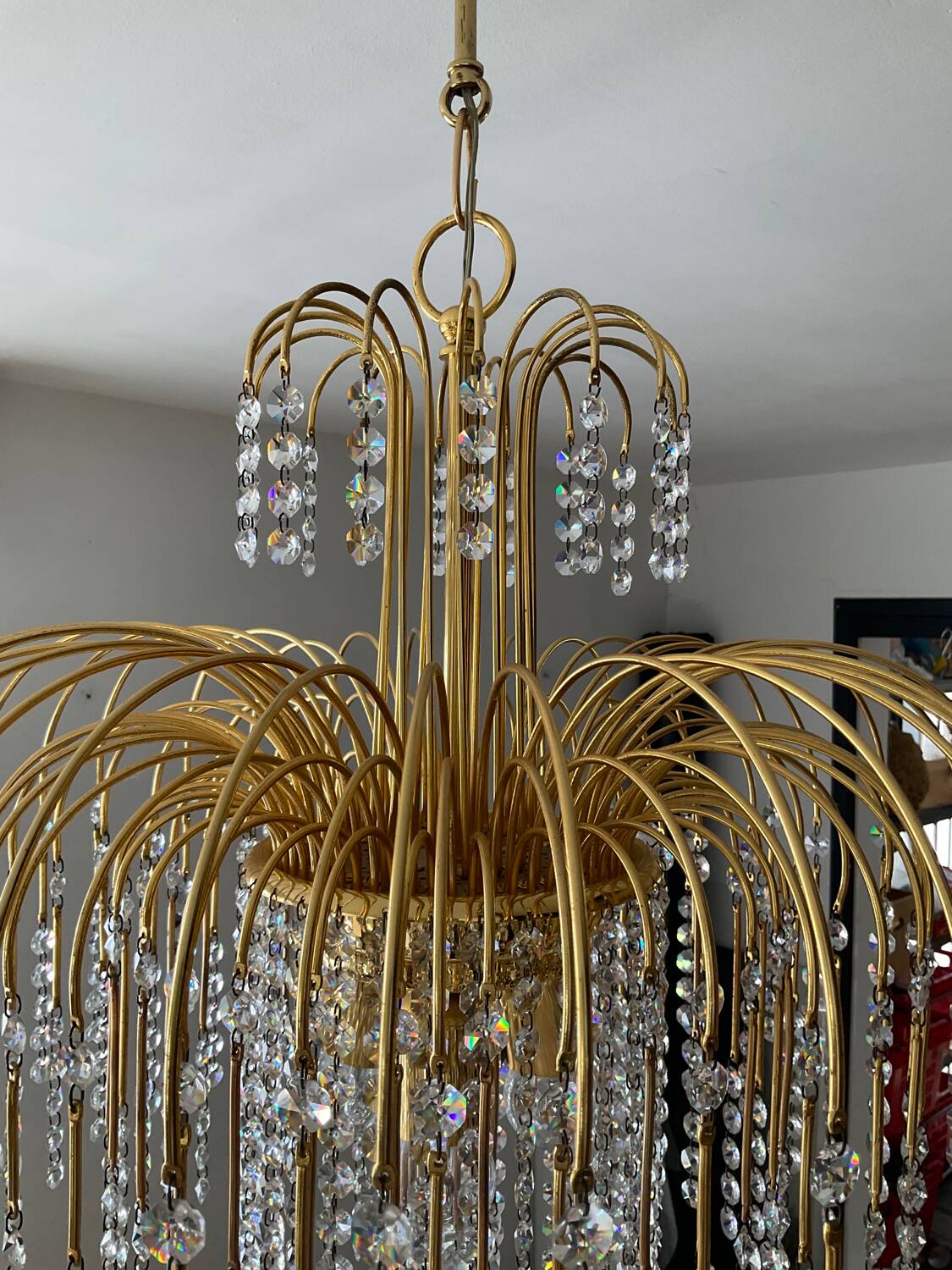 Vintage brass chandelier with crystal tassels cascade