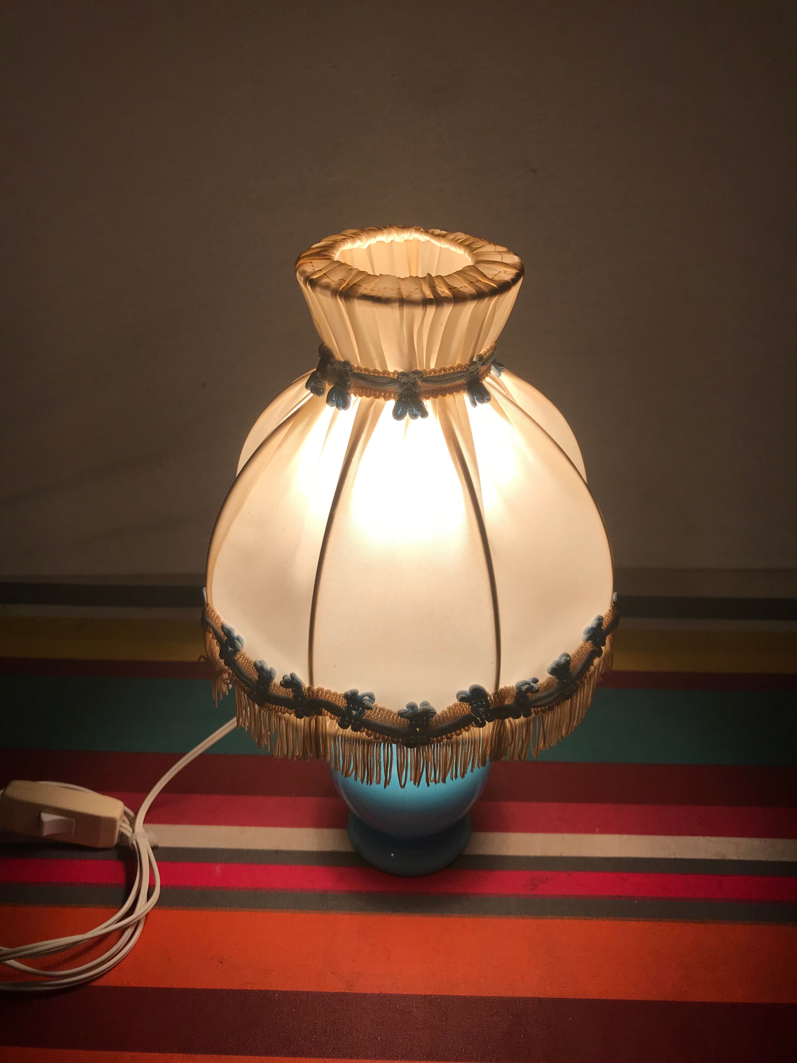 Ancienne lampe chevet corps opaline bleu + abat-jour crème vintage