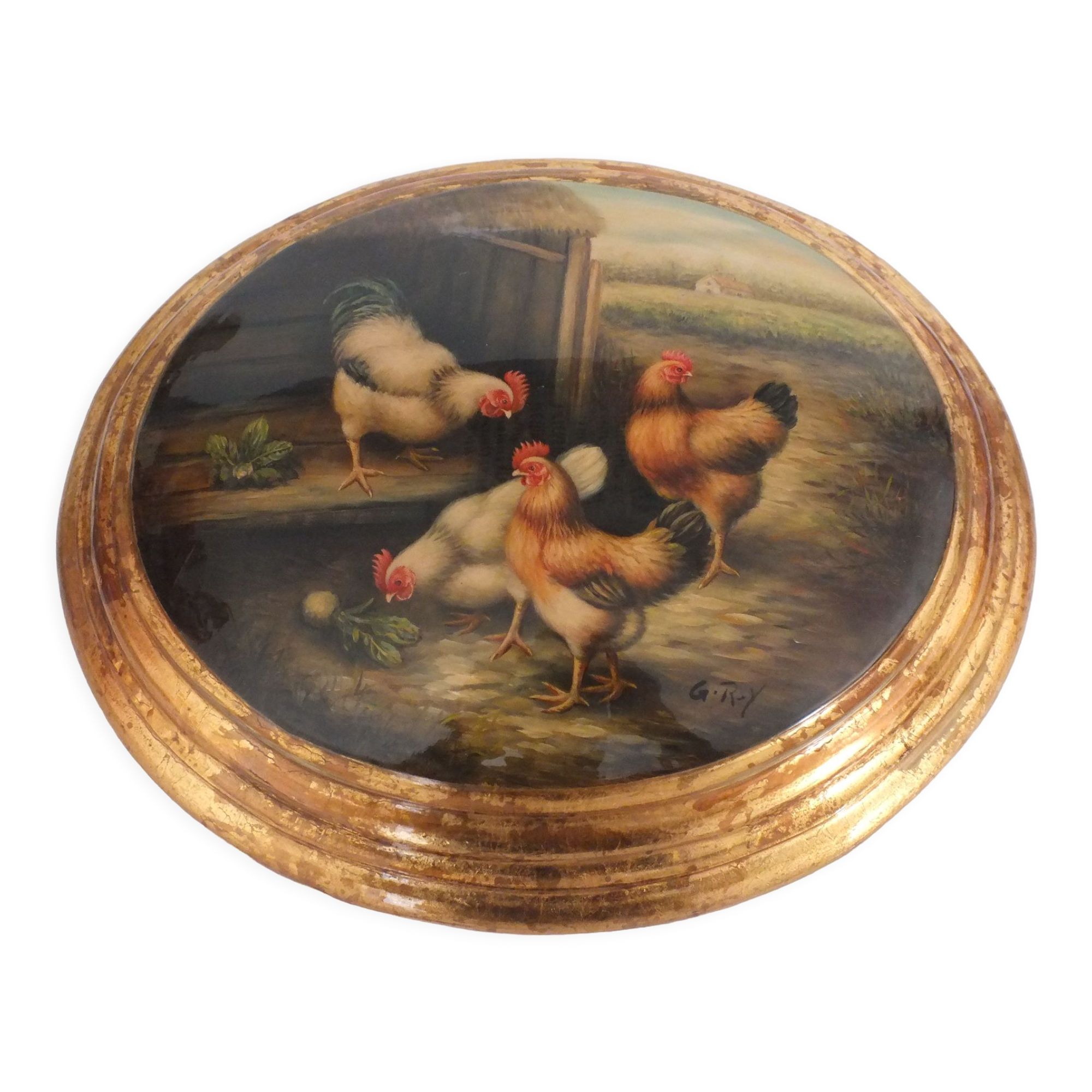 Painted medallion panel and varnish decoration hens, roosters signed G.Roy