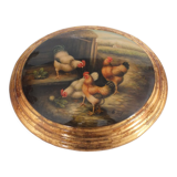 Painted medallion panel and varnish decoration hens, roosters signed G.Roy