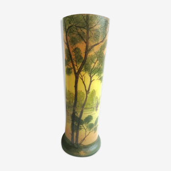 Art Nouveau Vase Enamelled Glass Legras: Lake Landscape, Sailboats and Tall Trees
