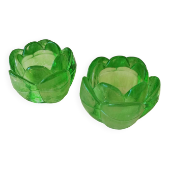 Set of two vintage glass green lotus tealight holders