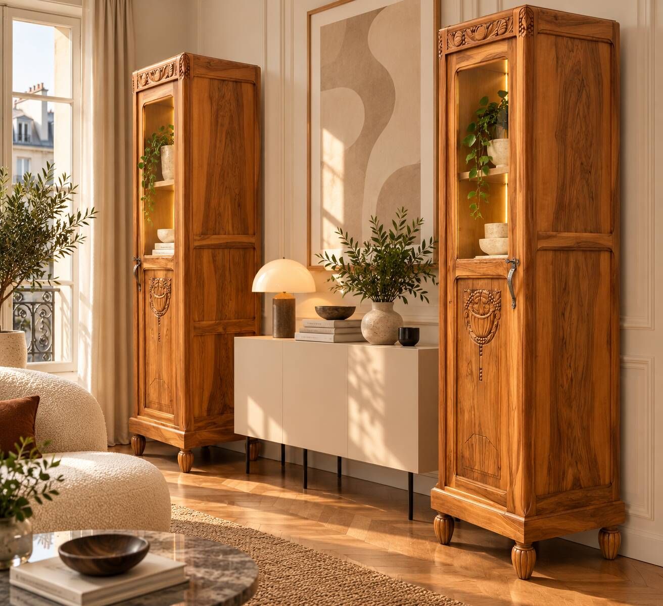 Rare pair of Art Deco glass columns in solid walnut – renovated