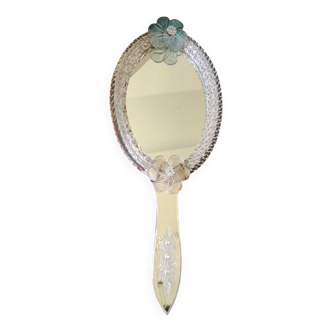 Miroir de courtoisie en verre de Murano orné de motifs floraux