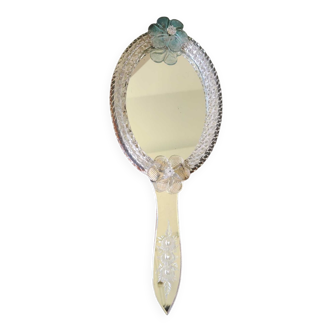Vintage Vanity/Face Mirror, Murano glass. Decorated with floral motifs. Dim. 34 x 13 cm
