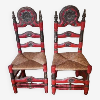Pair of chair painted red and blackened gold Spanish 18 th sc