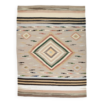 Tapis Kilim Vintage Beige Fait Main, Design Géométrique Élégant, 284x378 Cm