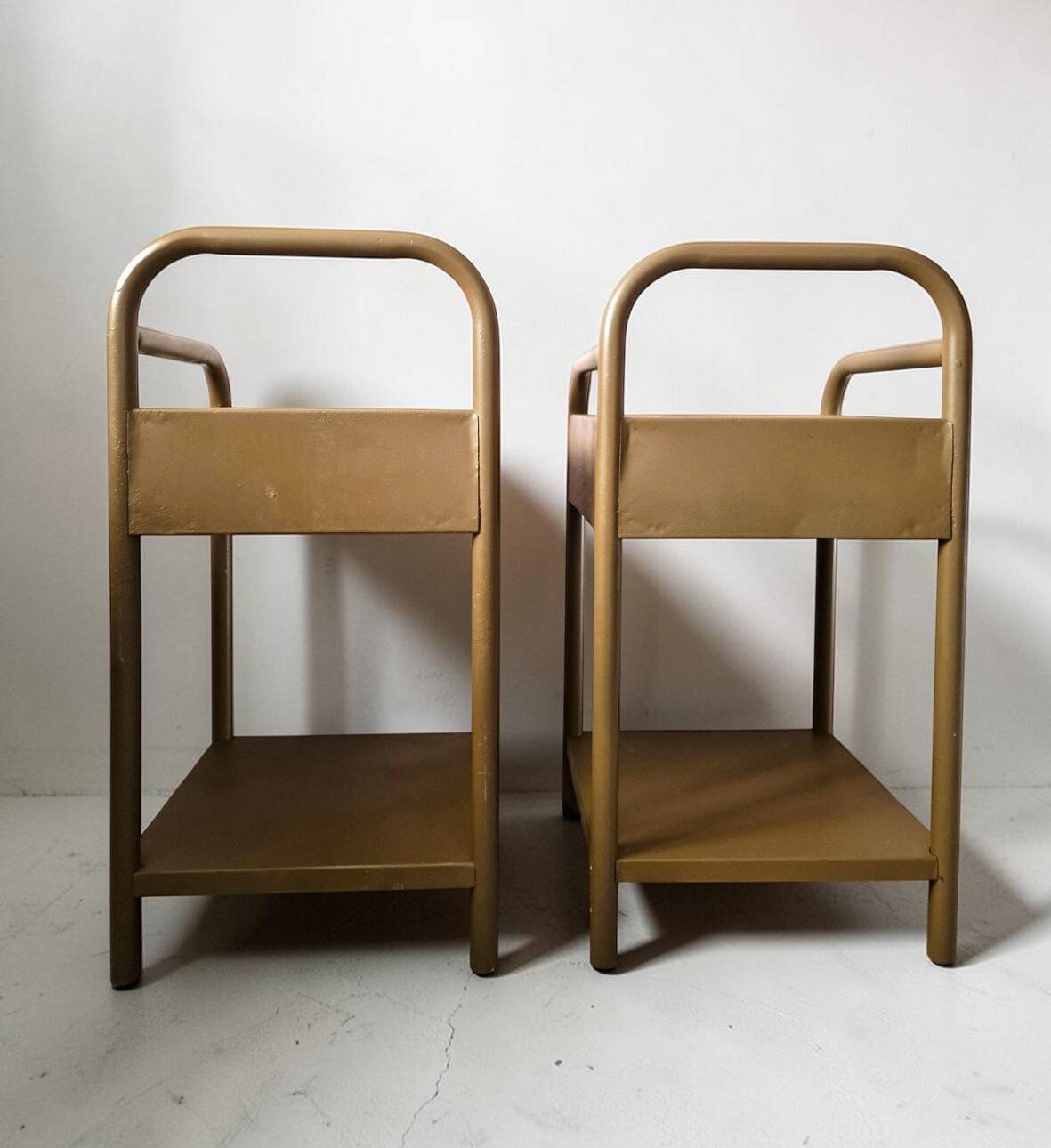 Vintage bedside tables in metal and brown beige wood.
