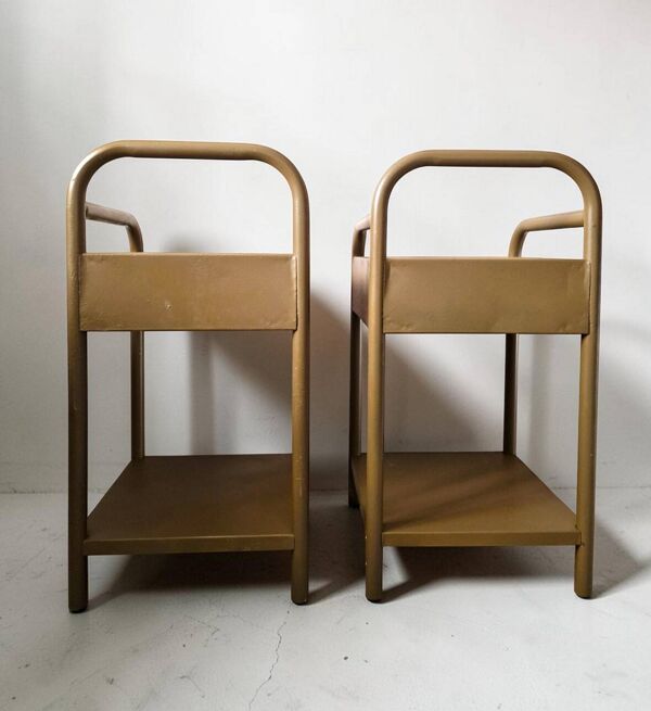 Paire de chevets vintage en metal et bois marron beige